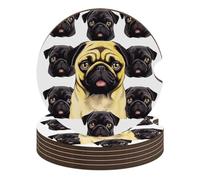 Black Yellow Pug 6PCS Car Coasters Absorbent Drink Coasters with A Finger Universal Wood Coffee Coaster for Cup Holders Non-Slip Car Cup Holder Coaster Cute Drink Mat Car Accessories for Women Men