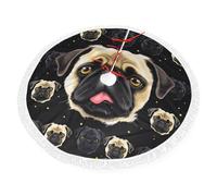 Black Yellow Pug Print Christmas Tree Skirt 30 inch, Xmas Tree Skirts Mat with Fringe Border for Christmas Holiday Party Decorations