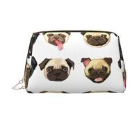 Black Yellow Pug Print Leather Cosmetic Pouch, Leather Makeup Bag for Purse with Top Zip Closure Stylish Toiletry Bag