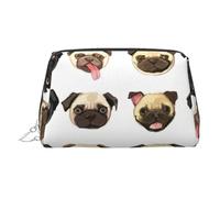 Black Yellow Pug Print Leather Cosmetic Pouch, Leather Makeup Bag for Purse with Top Zip Closure Stylish Toiletry Bag