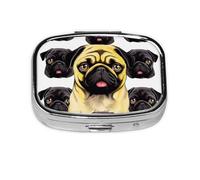 Black Yellow Pug Print Pill Box Square Pill Case 2 Compartment Small Metal Medicine Organizer Portable Travel Pillbox for Pocket Purse Cute Mini Pill Container to Hold Daily Vitamins