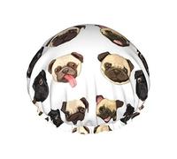 Black Yellow Pug Print Shower Cap For Women Reusable Double-Layer Fabric Shower Caps Girls Hair Caps