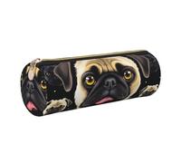 Black Yellow Pug Printed Leather Pencil Case Cute Stationery Organizer Round Makeup Bag Pen Pouch, Gold Zipper