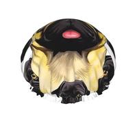 Black Yellow Pug Shower Cap for Women Men, Elastic and Reusable, Stylish Large Waterproof Shower Bonnet, Washable Hair Bath Caps, Double Layers Bathing Hat for Long Hair, Braids