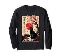Black Zen Cat Sakura Japanese Meditation Aesthetic Art Long Sleeve T-Shirt
