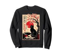 Black Zen Cat Sakura Japanese Meditation Aesthetic Art Sweatshirt