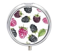 BlackBerry Fruit Pill Box 3 Compartment Travel Pill Organizer 3 Times A Day Cute Mini Pill Case for Purse & Pocket Portable Metal Medicine Box with Mirror Round Daily Medicine Vitamin Container