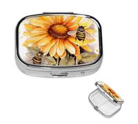 Blackboard Bees Sunflowers Pill Box 2 Compartment Square Portable Pill Case for Pocket or Purse Pill Holder Weekly Pill Organizer Decorative Metal Medicine Vitamin Organizer Travel Gift