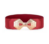 BlackButterfly Wide Elastic Cinch Stretch Waistband Retro Gold Bow Buckle Waist Belt (Red, M)