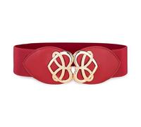 BlackButterfly Wide Elastic Cinch Stretch Waistband Retro Gold Heart Buckle Waist Belt (Red, L)