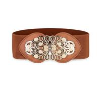 BlackButterfly Wide Elastic Cinch Stretch Waistband Retro Gold Medusa Buckle Waist Belt (Light Brown, M)