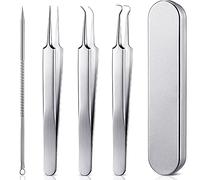 Blackhead Remove Tools 4 Pieces Ingrown Hair Removal Kit 3 Stainless Steel Blackhead Tweezers with Needle Pimple Comedome Extractor Punch Blemish Tool Zit Popper Set with Metal Case for Women Girls