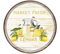 Blackia Round Metal Tin Sign Rustic Wall Decor Wall Plaque Market Fresh Lemons Lemonade Wreath Sign,Suitable for Home Garden Kitchen Bar Cafe Restaurant Garage Wall Decor Retro Vintage 12x12 Inch