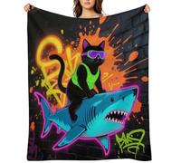 Blacklight Cat Riding Shark Blanket Lightweight Throw Blanket Soft Cozy Flannel Blankets Travel Bed Blanket for Couch,Sofa,Bed,Chair,Camping, Picnic Warm and Cozy for All Seasons 40"x50"