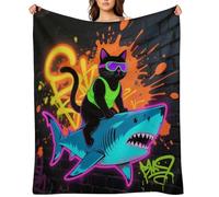 Blacklight Cat Riding Shark Blanket Lightweight Throw Blanket Soft Cozy Flannel Blankets Travel Bed Blanket for Couch,Sofa,Bed,Chair,Camping, Picnic Warm and Cozy for All Seasons 60"x80"