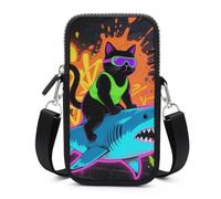 Blacklight Cat Riding Shark Cell Phone Bag with Detachable Strap, Aesthetic Mini Sling Bag Small Crossbody Bag for Phone