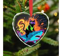 Blacklight Cat Riding Shark Christmas Tree Ornament, Heart Christmas Tree Ornaments, Crystal Glass Xmas Hanging Pendant, Xmas Decor Indoor Home Holiday Party Gifts Decorations