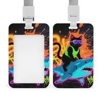 Blacklight Cat Riding Shark ID Badge Holder - Retractable Badge Reel, Vertical Card Name Tag Holder with Breakaway Lanyard, ID Cards Holders Case for Nurse Security Staff Women Men