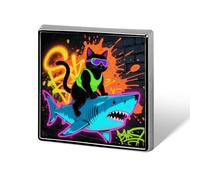 Blacklight Cat Riding Shark Lapel Pin Square Metal Brooch Pin with Secure Pin Back Fashion Button Badge for Clothing, Hats, Bags Decoration