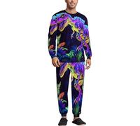 Blacklight Dinosaur Mens Pajamas 2 Piece Set Crew Neck Long Sleeve Sleepwear Loungewear Top And Bottom 3XL