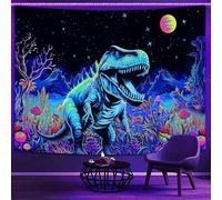 Blacklight Dinosaur Tapestry, Fantasy Neon Funny Dino frog Mountain Art UV Reactive Tapestries, Cool Fairytales T-Rex Galaxy Space Glow in the Dark Tapestry for Bedroom Boys Kids Decor, 80"x60"