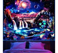 Blacklight Galaxy Space Tapestry for Bedroom Aesthetic Mountain Mushroom Wall Tapestries Glow in the Dark UV Reactive Tapestry Decor Waterfall Wave Nature Wall Hanging for Room Decor 51"X60"