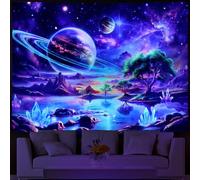 Blacklight Galaxy Space Tapestry UV Reactive Planet Wall Hanging Magical Trees Tapestries Cosmic Mountain Landscape Wall Decor Aesthetic Starry Night Backdrop for Bedroom