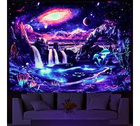 Blacklight Galaxy Tapestry UV Reactive Waterfall Planet Landscape Tapestry Mountain Wave Wall Tapestries Neon Nebula Plants Wall Hanging for Room