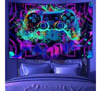Blacklight Gaming Tapestry, Boys Cool Colorful UV Graffiti Teen Men Game Gamers Neon Tapestries, Funny Black Blue Room Decor Bedroom Dorm Wall Hanging Fabric 59 x 51 inch