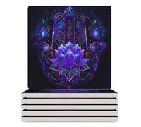 Blacklight Hamsa Fatima Hand Ceramic Coasters Square Drinks Coaster Decorative Coasters Set Kitchen Desktop Decor 6PCS