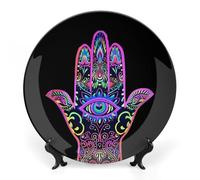 Blacklight Hamsa Hand Evil Eye Bohemian Ceramic Decorative Plates for Display Ornaments with Stand for Kitchen Home Decor 6inch