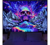 Blacklight Skull Tapestry UV Reactive Galaxy Mountain Planet Tapestries Magic Neon River Wall Hanging Aesthetic Skeleton Wall Decor Forest Trees Landscape Backdrop for Living Room