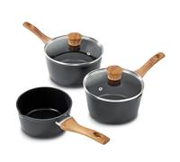 Blackmoor 3-Piece Saucepan Set/Non-Stick Ceramic-Coated Pans with Tempered Glass Lids & Wood Effect Handles, PFAS-Free, Suitable for All Hob Types/Sherwood Classic Range 68289