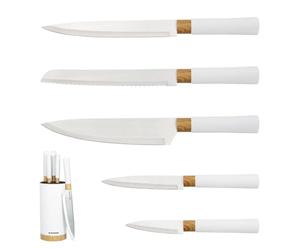 Blackmoor Orb 5 Piece Knife Set with Storage Stand/Stainless Steel Knives with Soft Grip Handles & Brushed Steel or Wood Detail/Easy Clean Essential Kitchen Accessory (White & Wood Effect)