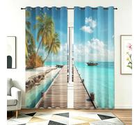 Blackout Curtain for Bedroom W 43.5" x L 85" 2 Panels - Multicoloured Thermal Insulated Eyelet Curtains for Living Room, Glam Casual Tropical Island Pier Plant Palm Tree Machine Washable Window Drapes