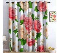 Blackout Curtain Retro Style Botanical Roses W 46 x L 90 Inches (2 Panels), Thermal Insulated Noise-Reduction, Soft Eyelet Drapes, White Printed Curtains, for Bedroom Living Room