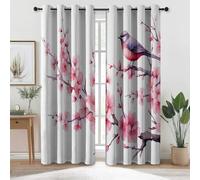 Blackout Curtain W 29.5" x L 65" (2 Panels) - Flowers Cherry Blossoms Birds Thermal Insulated Polyester Curtain, Pink Noise Reduction Eyelet Curtains for Kids Bedroom Living Room