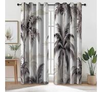 Blackout Curtain W 29.5" x L 65" (2 Panels) - Jungle Plants Palm Trees Thermal Insulated Polyester Curtain, Grey Noise Reduction Eyelet Curtains for Kids Bedroom Living Room