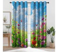 Blackout Curtain W 29.5" x L 65" (2 Panels) - Nature Bush Wildflowers Thermal Insulated Polyester Curtain, Blue Noise Reduction Eyelet Curtains for Kids Bedroom Living Room