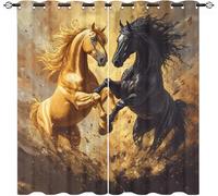 Blackout Curtain W 66" x L 90" (2 Panels) Fighting Horses Window Curtains for Living Room Polyester Blackout Fabric, Gold Black Thermal Insulated Eyelet Drapes for Kids Room