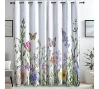 Blackout Curtain Wildflowers Butterflies Plants Colorful W 46" X L 72" (2 Panels) Print Microfiber Curtains, Printing Soundproof, Thermal Insulated Window Drapes For Living Room, Bedroom, Playroom