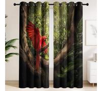 Blackout Curtains 120 x 190 CM - Thermal Curtains with Red Parrot on Branches with Green Leaves, Documentary Style, Dynamic, Natural, Set of 2 Extra Wide Drapes for Living Room