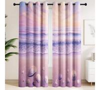 Blackout Curtains 135 x 200 CM - Thermal Curtains with Violet Sunset, Beach, Seashells, Sea Waves, Oil Painting, Vintage Aesthetic, Dreamy, Set of 2 Extra Wide Drapes for Bedroom