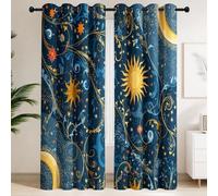 Blackout Curtains 150 x 200 CM - Thermal Curtains with Golden Sun Moon Pattern Stars, Luxury Mysterious Astronomical Botanical, Set of 2 Extra Wide Drapes for Master Bedroom, Art Living Room