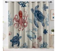 Blackout Curtains 2 Panels 46 × 54 Inch, Thermal Insulated Eyelet Window Drapes, Marine Life Hand-Drawn Cartoon Printed Bedroom Curtains, Room Darkening Noise Reducing Blue Red Curtain