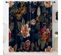 Blackout Curtains 2 Panels 46 × 72 Inch, Thermal Insulated Eyelet Window Drapes, Retro Style Flowers Butterflies Printed Bedroom Curtains, Room Darkening Noise Reducing Red Green Curtain