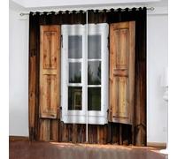 Blackout Curtains 2 Panels Set White Wooden Window Pattern Print Grommet Thermal Insulated Room Darkening Window Drapes WxH/2x140x225cm