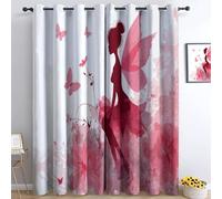 Blackout Curtains 29.5” W x 65” L Watercolour Fairy Butterfly Flowers Thermal Curtains, Pink Thermal Insulated Light Blocking Grommet Top Curtain (2 Panels) for Kids Room Bedroom Living Room Drapes
