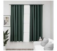 Blackout Curtains 2pc Green 140x175cm Linen-Look 100% Polyester with Metal Hooks