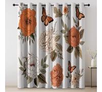 Blackout Curtains 46" Length, Bohemian Hand-Painted Peonies And Roses Patterned Thermal Summer Darkening Window Drapes With Eyelet Earthy 2 Panels Set for Living Room Bedroom Office Dining